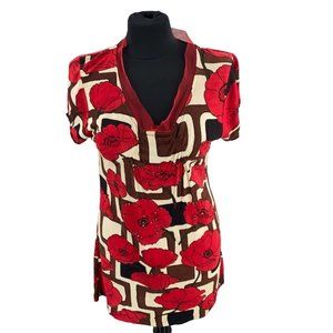 Shana K Womens Beaded Blouse Extra Large Red Floral Cap Sleeve V-neck Bodycon
